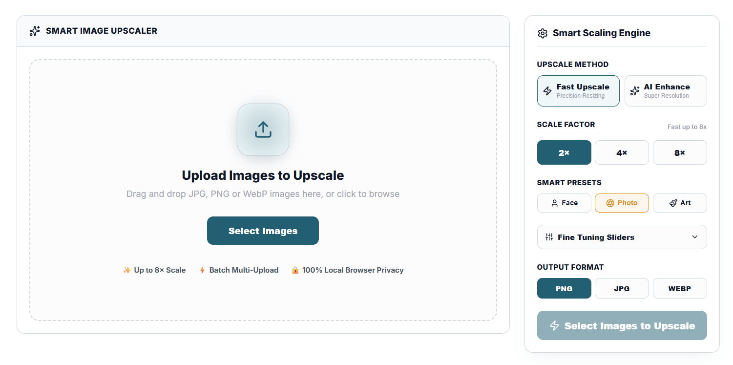 TryFormatter Image Upscaler upload area and settings panel