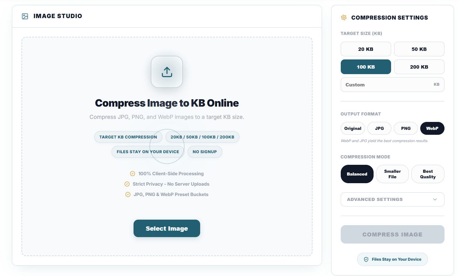 TryFormatter Compress Image to KB upload area and compression settings